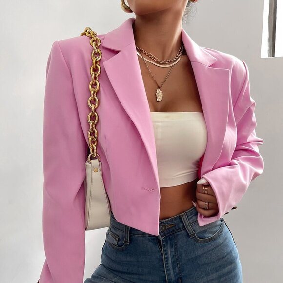 Baby Pink Elegant Women's Lapel Collar Single Button Blazer Workwear - Picture 5 of 7